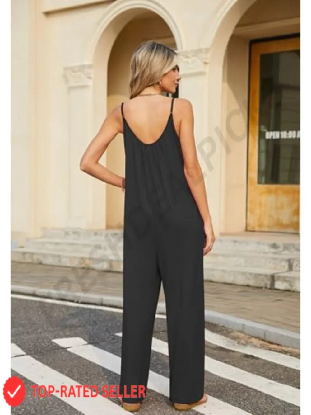 Womens Sleeveless Romper Adjustable Spaghetti Strap Wide Leg Jumpsuit with